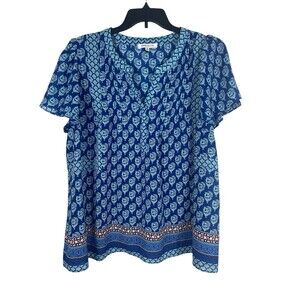 Rose & Olive 2X Boho Sheer Blue Paisley Border Flowy Peasant Top Short Sleeve